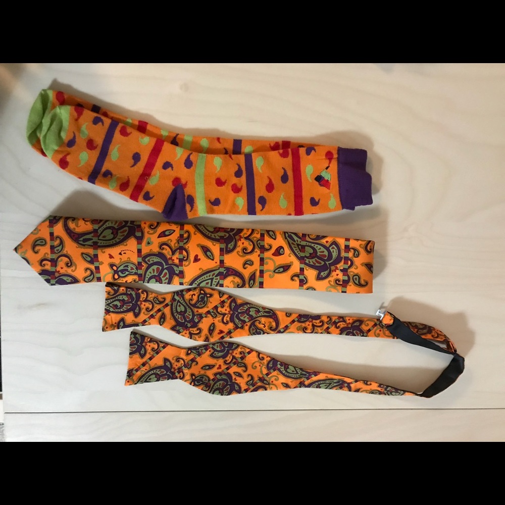 Matching tie, bow tie and socks combo